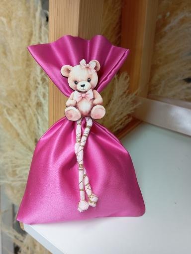 Μπομπονιέρα βαπτισης πουγκί σατέν σε φούξια αποχρωση